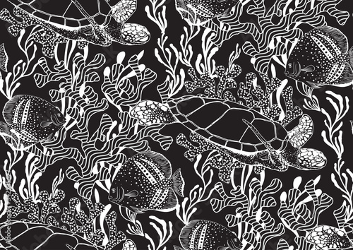 Underwater sealife seamless pattern with seaweed plants, fishes, turtles, corals drawing.
