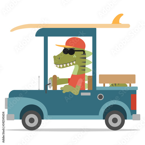 Cool dinosaur driving a pickup with a surfboard. Cartoon style. Vector illustration. Flat design style.