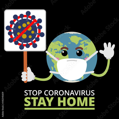 Cartoon World Stay Home. Stop Coronavirus COVID-19. Vector illustration