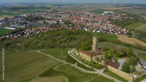 Aerial view of the city Sulzfeld and castle Ravensburg in Germany on a sunny day in early spring during the coronavirus lockdown photo