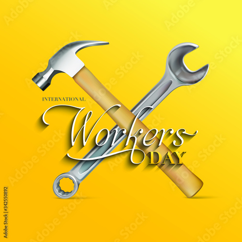 Minimal creative illustration Of Happy Labour Day or International Workers day with caligraphic typography and worker tools gether on the yellow background. (Story Size)