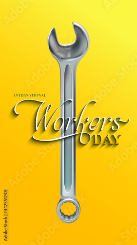 Minimal creative illustration Of Happy Labour Day or International Workers day with caligraphic typography and worker tools gether on the yellow background. (Story Size)