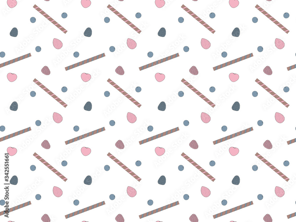 Seamless pattern of sweet chocolate berry crispy wafer sticks and cherries, blueberries, raspberries, blackberries and strawberries on a white background. For the design of kitchen utensils. Vector. Seamless pattern of sweet chocolate berry crispy wafer sticks and cherries, blueberries, raspberries, blackberries and strawberries on a white background. For the design of kitchen utensils. Vector.