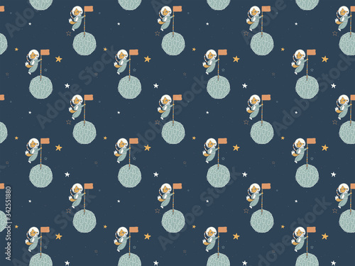 Seamless pattern in the Scandinavian style with foxes astronauts in spacesuits inserting in flight flags into the planets and the dark starry sky. Endless space texture hand-drawn. Vector.