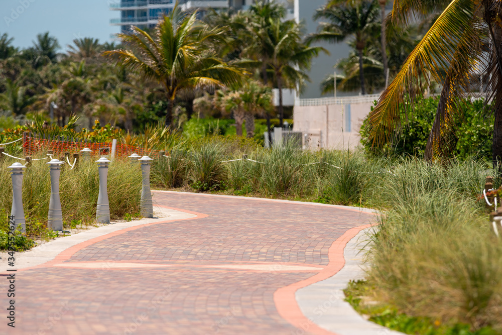 Empty walkway Miami Beach shut down Coronavirus Covid 19 pandemic