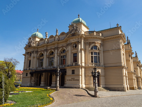 Juliusz Slowacki Theatre in Krakow founded in 1893 in a beautiful Neo-Baroque edifice. Closed during covid-19 coronavirus pandemic.
