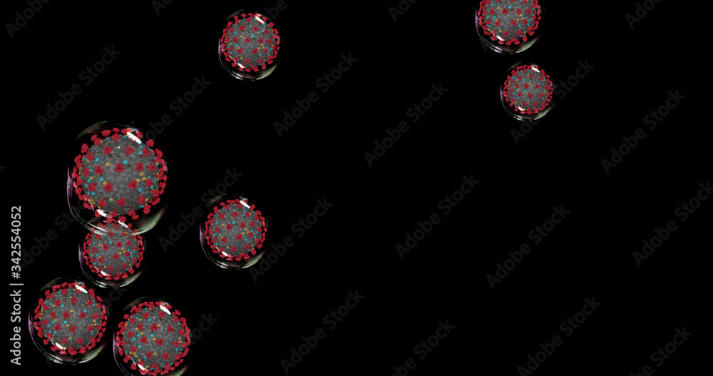 Coronavirus cells on black background . Small droplets with Covid-19 spread pathogens. 3D rendering 3D illustration Coronavirus cells on black background . Small droplets with Covid-19 spread pathogens. 3D rendering 3D illustration