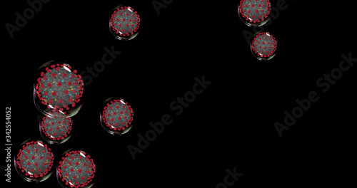 Coronavirus cells on black background . Small droplets with Covid-19 spread pathogens. 3D rendering 3D illustration