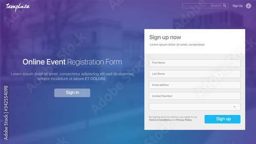 Website Design Template. Web UI UX Design. Corporate User Interface. Online Event Regestration Form. Vector illustration. EPS 10