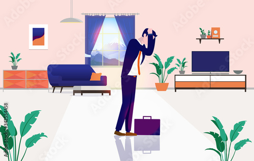Depressed man at home in living room - Businessman alone feeling exhausted, stressed and frustrated in a nice modern apartment. Male depression concept in vector illustration.