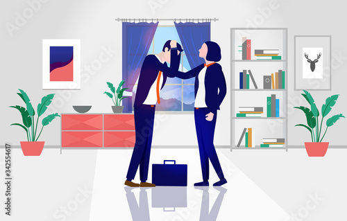 Woman comforting depressed man - Businessman at home with wife, feeling frustrated, over worked and hating his job. Depression, problems and sadness concept, vector illustration.