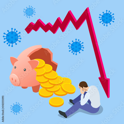 Isometric global economic impacts 2020. Coronavirus or COVID-19 pandemic global impact. Broken pig piggy bank as a symbol of a failing economy