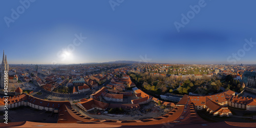 Zagreb, Croatia - April 02, 2020 : Stiched drone 360 panorama of Cathedral belfries damaged in an earthquake that hit Zagreb during Covid-19 quarantine.
