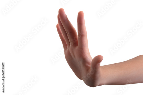 Close-up of a woman's hand and finger on white background