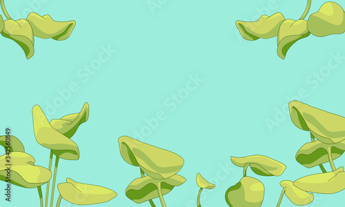 Waterlily leaves with copy space on blue backdrop. Water plant frame for invitation or gift card, notebook, wedding card, bath tile. Phone case or cloth print. Drawn style stock vector illustration