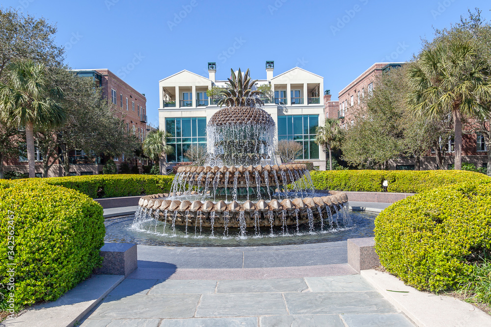 Fototapeta premium Charleston, South Carolina, USA - February 28, 2020: Pineapple Fountain at the Waterfront Park in Charleston, South Carolina, USA. Pineapple Fountain is a focal point in the park. 