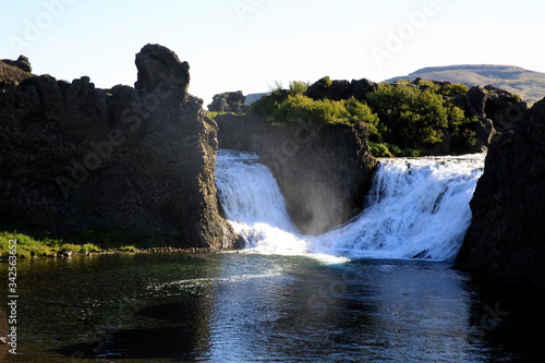 Hjalparfoss / Iceland - August 26, 2017: The Hjalparfoss river and waterfall, Iceland, Europe