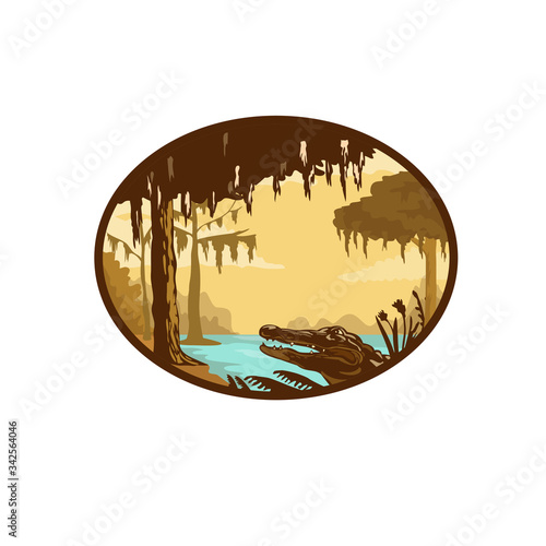 Retro wpa style illustration of a typical bayou, swamp or wetland found in the state of Louisiana and across the American southeast with alligator or gator set inside oval on isolated background. photo