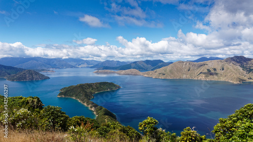 The view from the top of Maud Island, predator-free island, looking into the Marlborough Sounds in New Zealand
