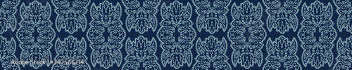 Damask floral motif sashiko stitch border pattern. Japanese needlework seamless vector background. Hand drawn line effect for textile edging. Classic Japan embroidery decor, asian kimono ribbon trim.