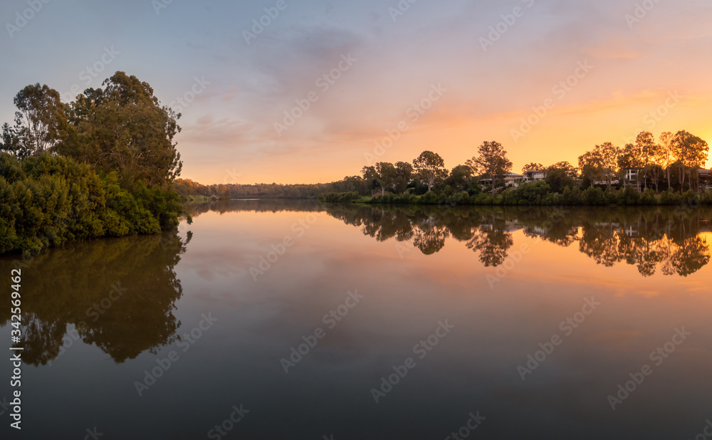 Beautiful Panoramic River Dawn with Reflections