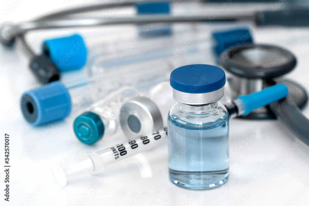 Glass container filled with sterile injection solution. Glass container filled with sterile injection solution.