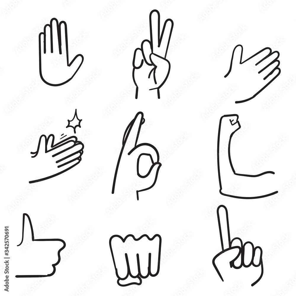 Fototapeta premium doodle All Hand Emojis Gestures Vector Icons Set. Biceps, fist, folded hands, victory hand emojis. Emoticon Gesture Illustrations cartoon style