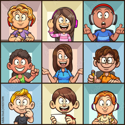 Virtual classroom video conference with kids and teacher. Vector clip art illustration with simple gradients. Some elements on separate layers.
