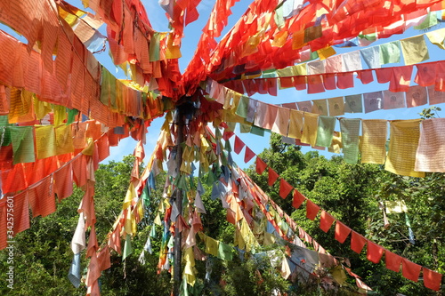 Colorful Buddhist Prayer Flags on Pulau Ubin Island, Singapore