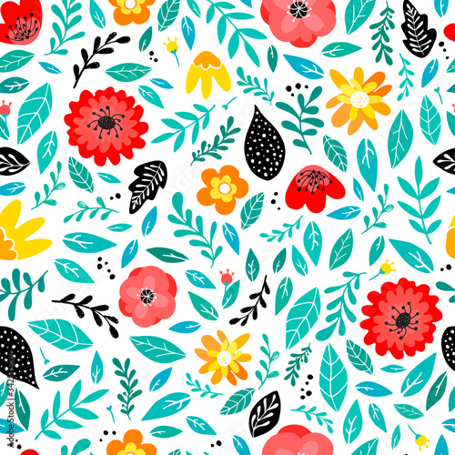 cute seamless pattern wıth flowers and leaves