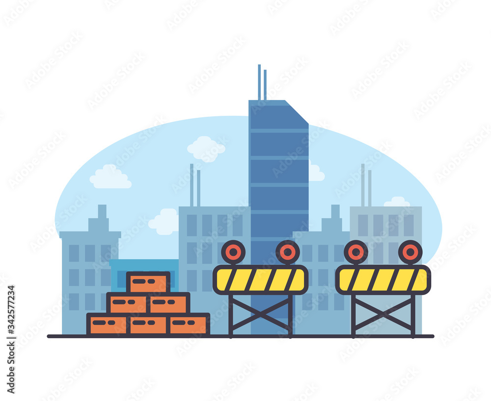 Construction barriers bricks and city buildings vector design