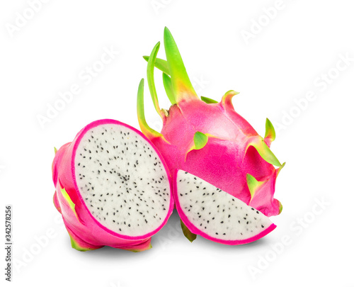 Dragon fruit with cut in half and slice isolated on white background with clipping path