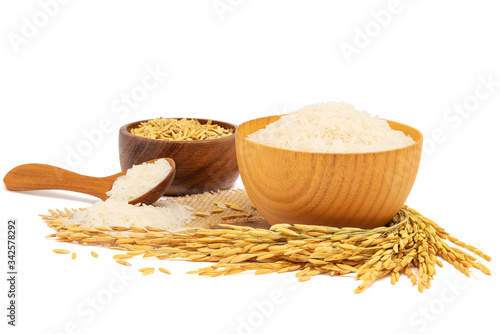 White Jasmine rice in a wooden bowl and wooden spoon and paddy rice and with Ear of rice isolated on white background