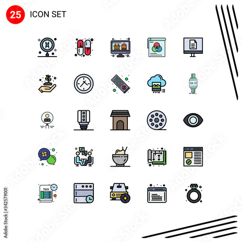 Group of 25 Modern Filled line Flat Colors Set for education, fly, computer, wallpaper, brusher photo