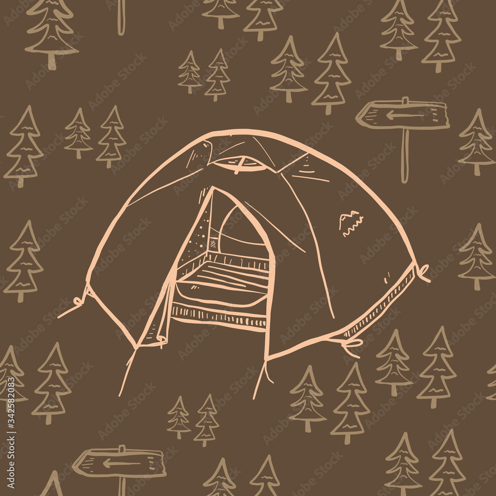 Seamless Vector Repeat Pattern of Camping Adventure with a brown background.