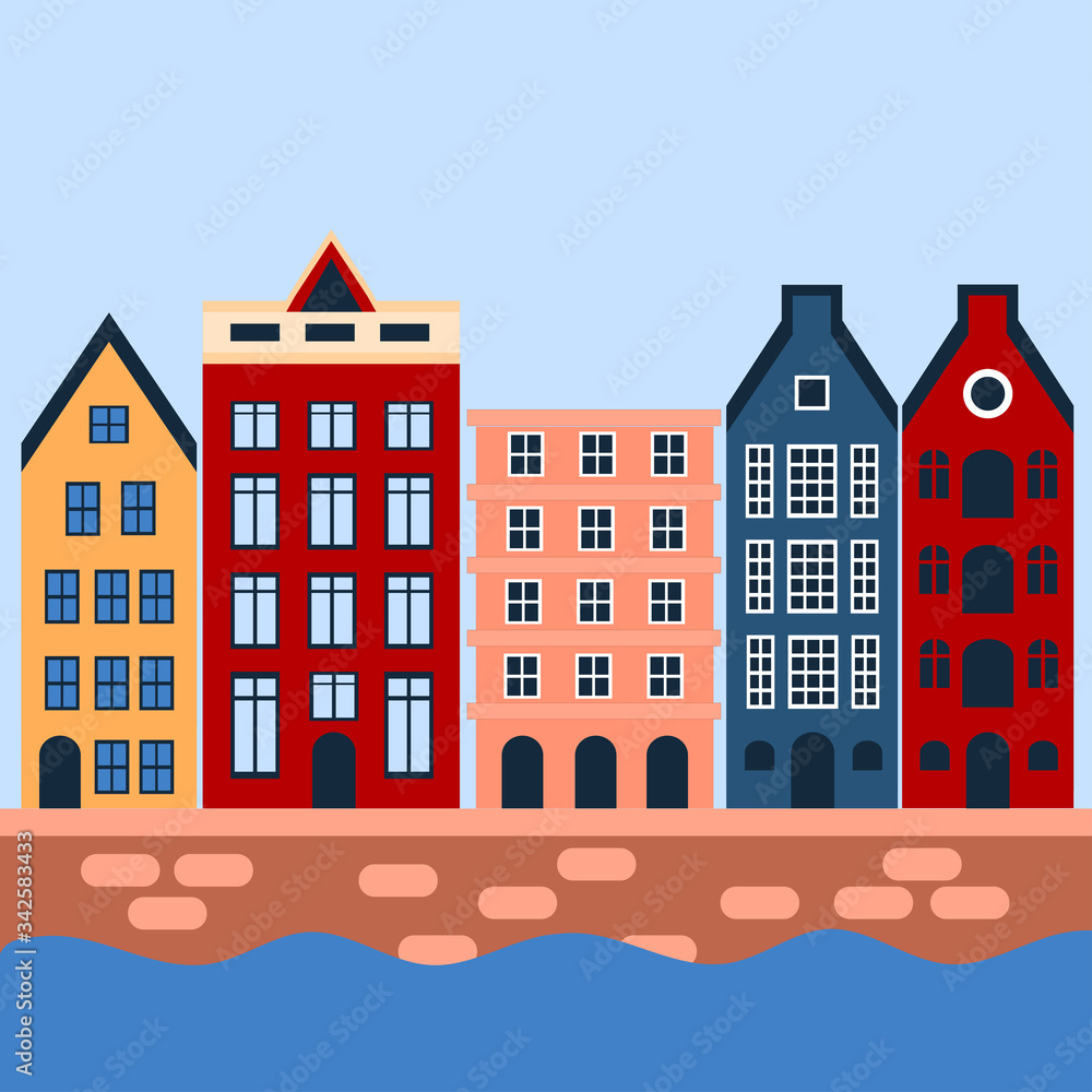 Colorful house by the river illustration