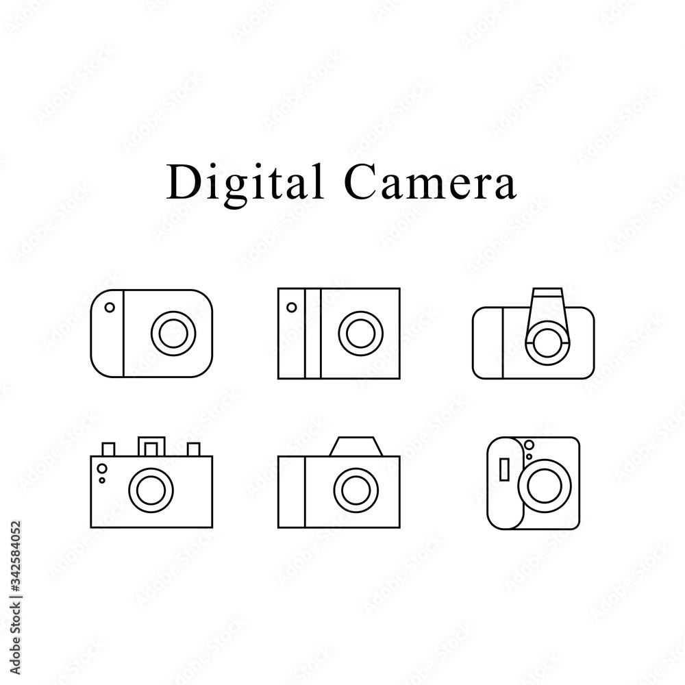 Icon set of digital camera vector on isolated white background. Icon set of digital camera vector on isolated white background.