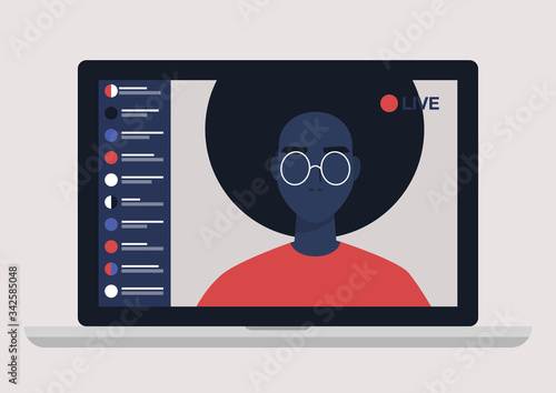 Young black female blogger holding a live streaming online event, website interface