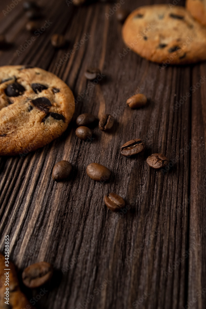 chocolate chip cookies on wooden table