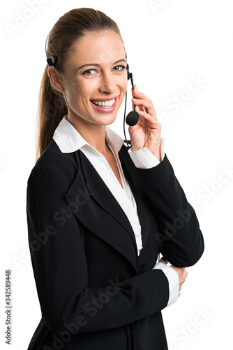 businesswoman with headset isolated in front of white background