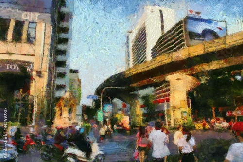 Landscape of the electric train structure in the city center Illustrations creates an impressionist style of painting.