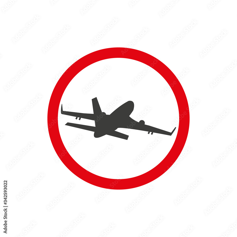 Fototapeta premium No Airplane sign. Plane symbol. Travel icon. Flight flat label. Red prohibition sign. Stop symbol.