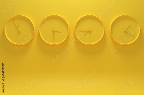 Monochrome yellow image with four clocks showing different time on a solid background. 3D illustration
