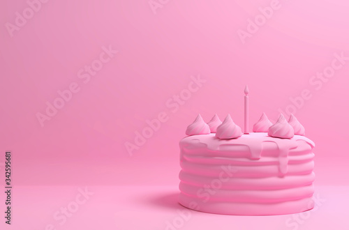 Monochrome pink image with a birthday cake on a solid background. 3D illustration