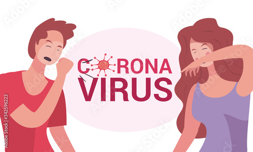 Man coughingwoman sneezing and coronavirus bacterium vector design
