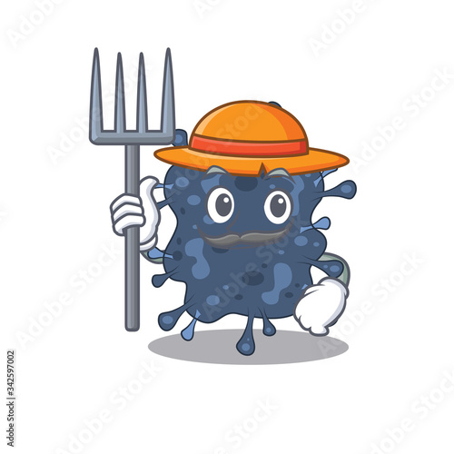 Cartoon character design of bacteria neisseria as a Farmer with hat and pitchfork