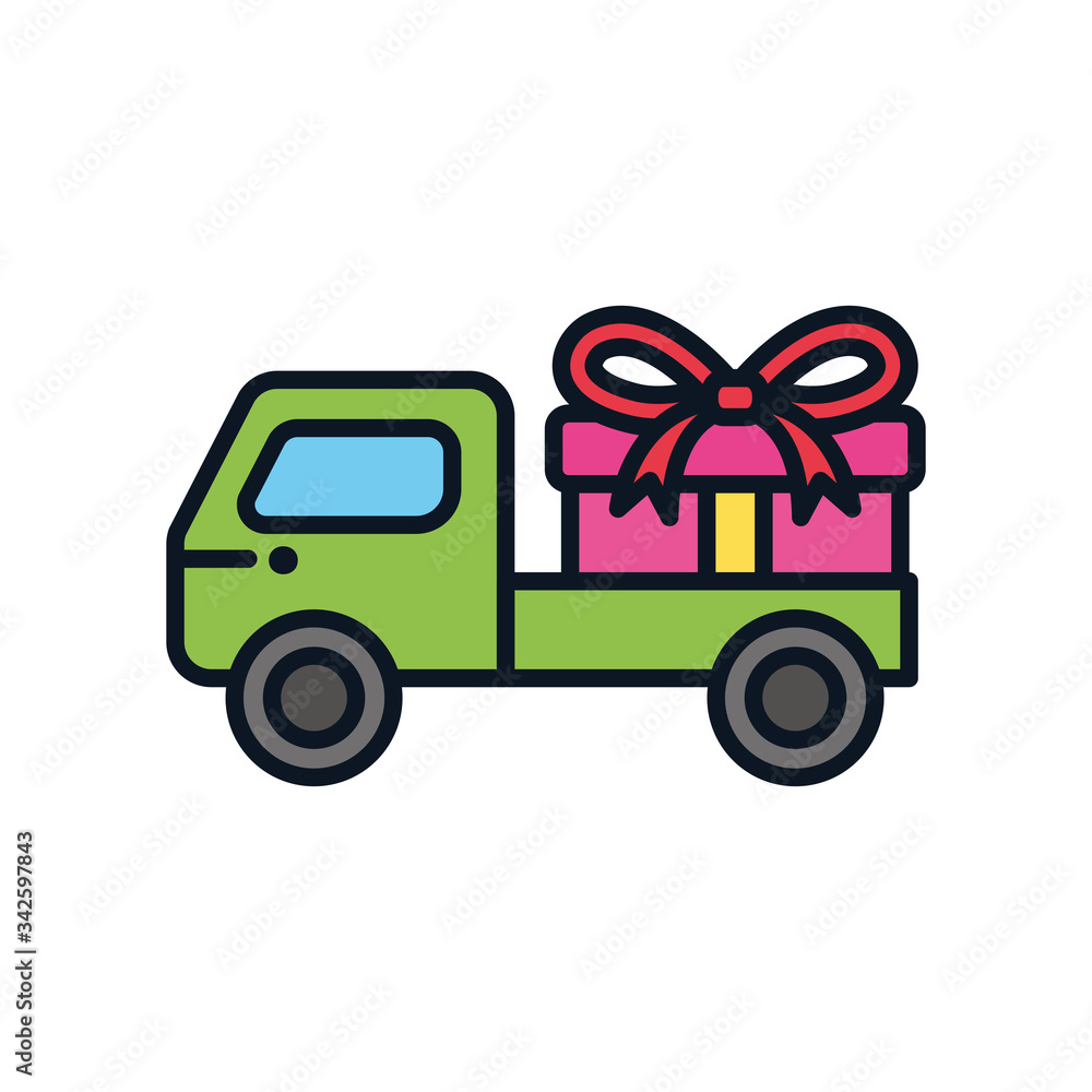 cargo truck with gift box icon, color line style cargo truck with gift box icon, color line style
