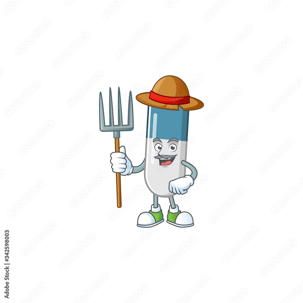 Obraz premium Mascot design style of Farmer vitamin pills with hat and pitchfork