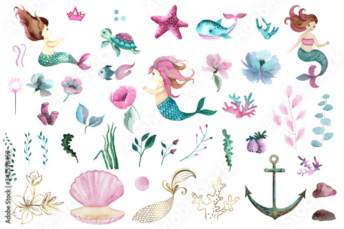 Watercolor Little Mermaid hand painted collection with 3 cute little mermaids, sea turtle, whale, starfish, corals, seaweed, flowers, shells, anchor, fish