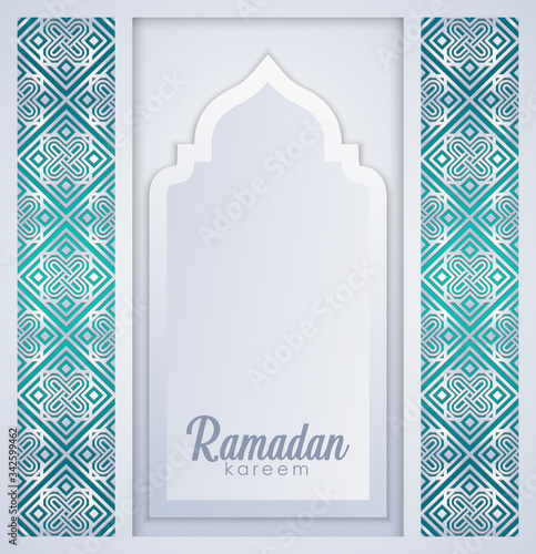 Arabic arabesque design greeting card for Ramadan Kareem. Islamic ornamental detail of mosaic.Vector illustration.